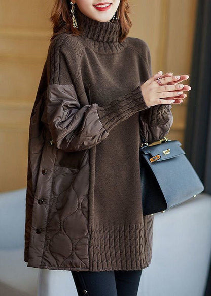 Simple Chocolate Turtleneck Patchwork Loose Fall Knit Sweaters