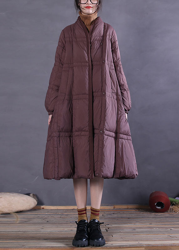 Simple Chocolate V Neck Pockets Duck Down Winter Down Coat