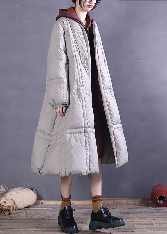 Simple Chocolate V Neck Pockets Duck Down Winter Down Coat