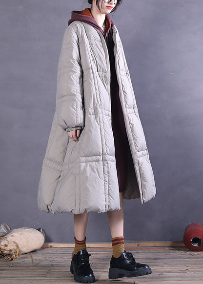 Simple Chocolate V Neck Pockets Duck Down Winter Down Coat
