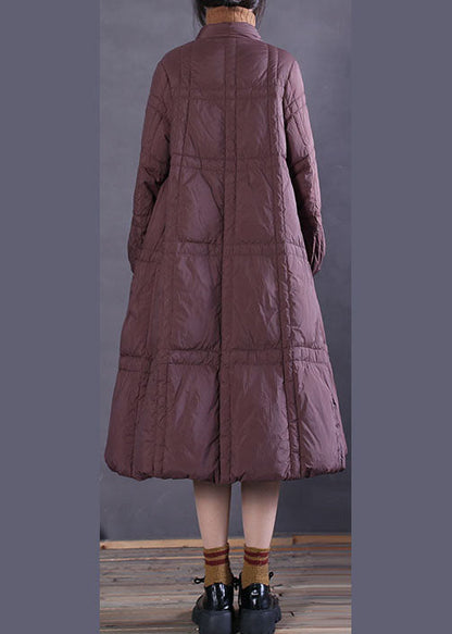 Simple Chocolate V Neck Pockets Duck Down Winter Down Coat