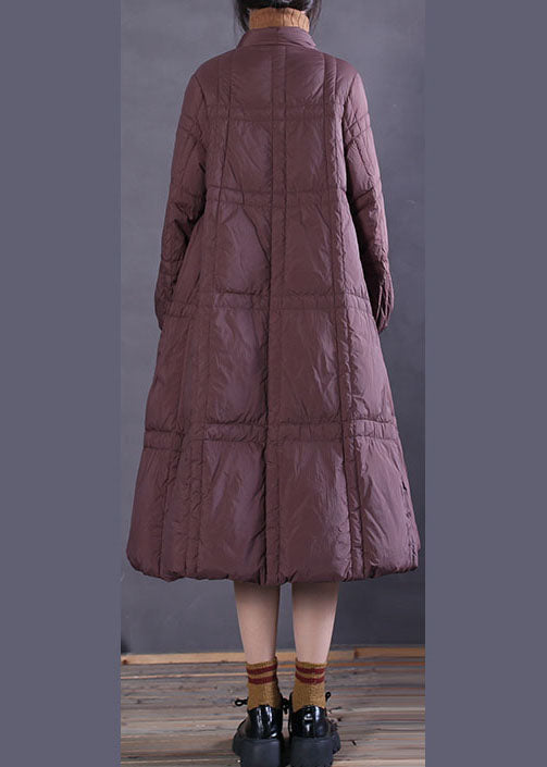 Simple Chocolate V Neck Pockets Duck Down Winter Down Coat