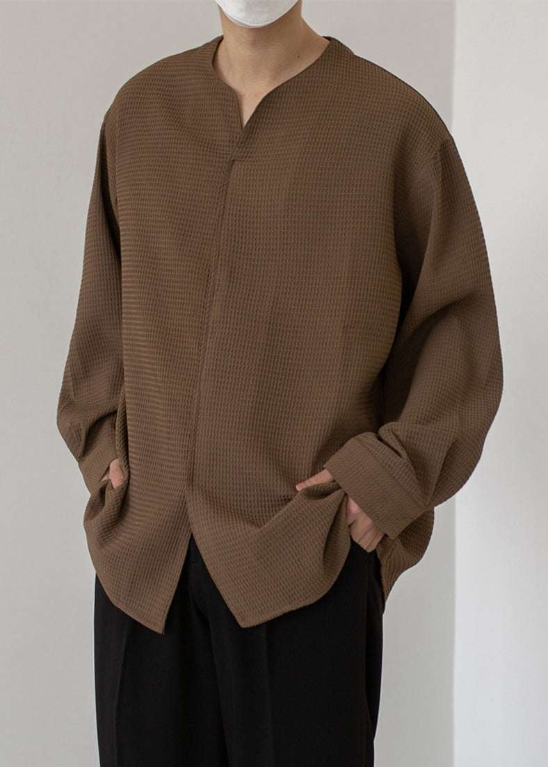 Simple Coffee V Neck Cotton Pullover Shirts Spring
