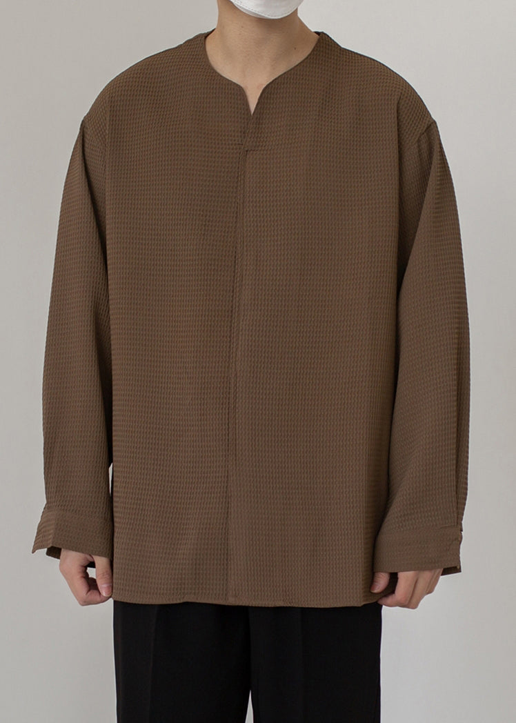 Simple Coffee V Neck Solid Cotton Men Pullover Shirts Spring