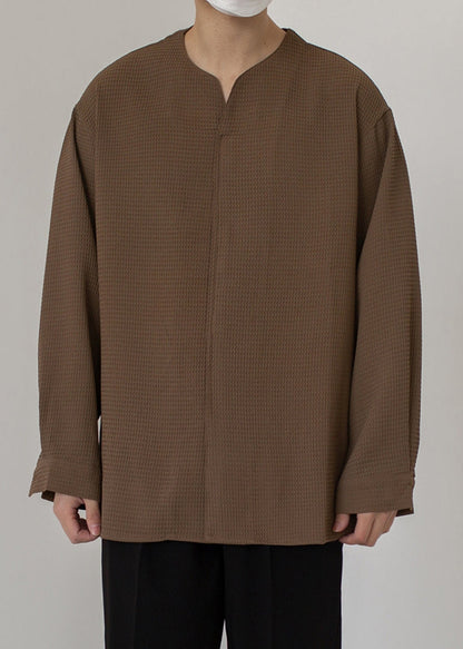 Simple Coffee V Neck Solid Cotton Men Pullover Shirts Spring
