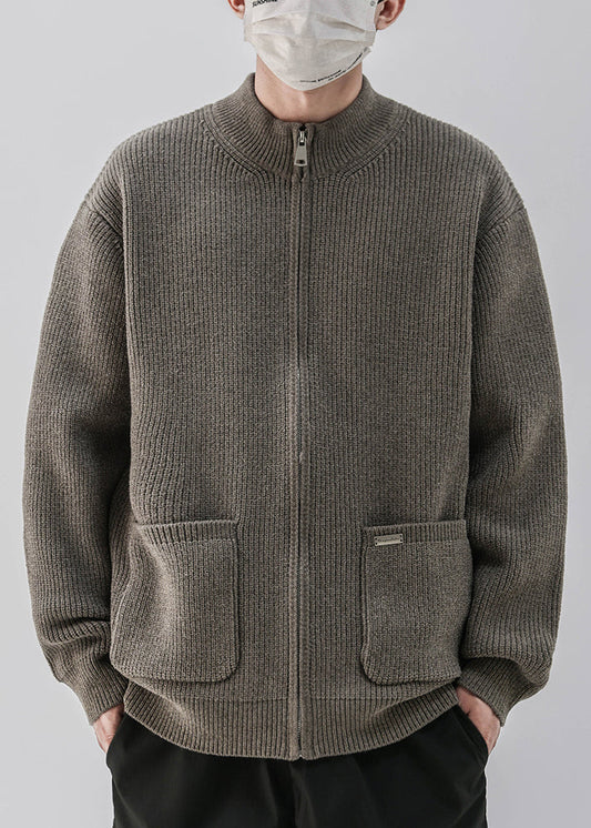 Simple Coffee Zip Up Pockets Knit Coats Spring