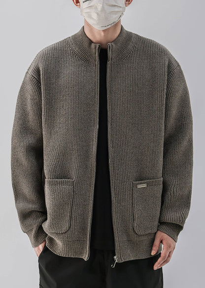 Simple Coffee Zip Up Pockets Knit Coats Spring