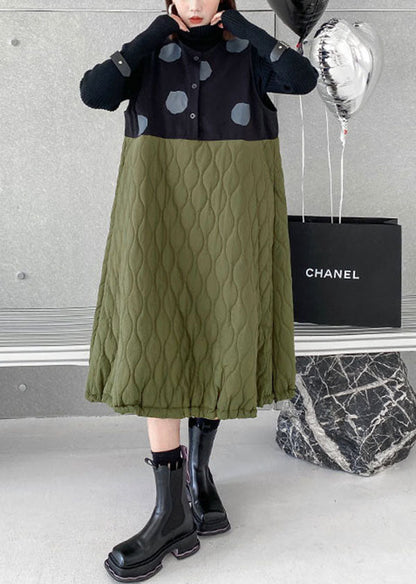 Simple Colorblock O-neck Woolen Patchwork Fine Cotton Filled Maxi Dresses Winter