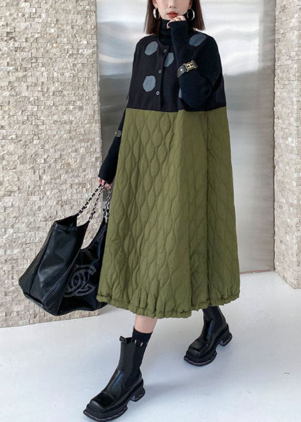 Simple Colorblock O-neck Woolen Patchwork Fine Cotton Filled Maxi Dresses Winter