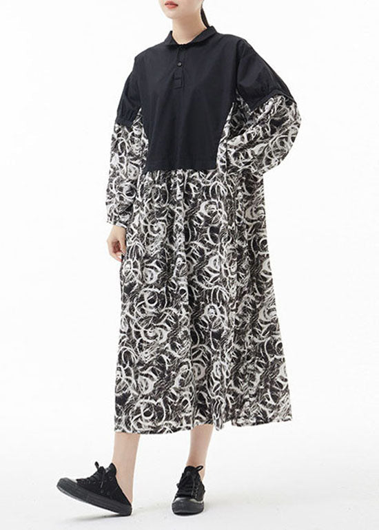 Simple Colorblock Peter Pan Collar Print Patchwork Chiffon Shirt Dress Spring