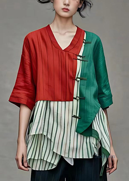Simple Colorblock V Neck Patchwork Button Top Summer