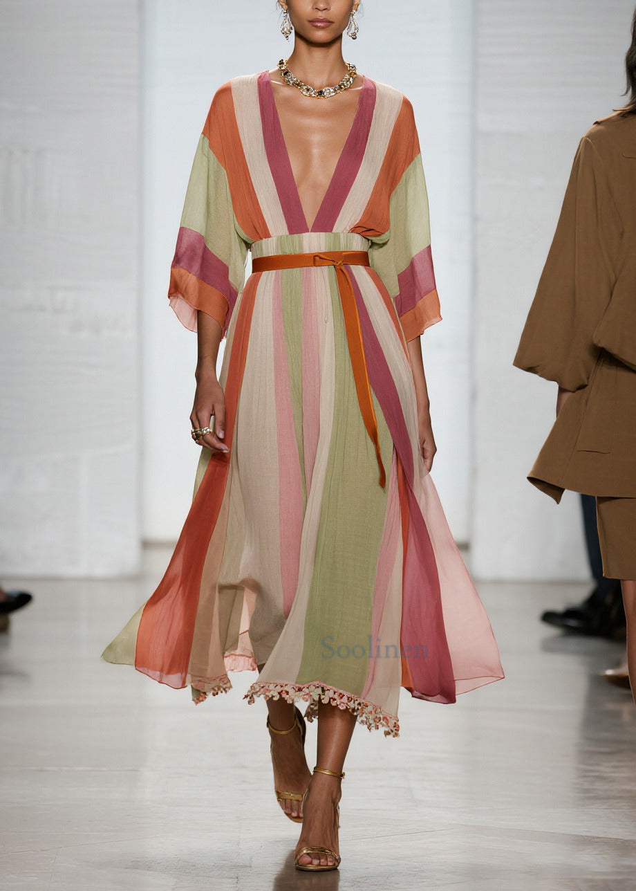 Simple Colorblock V Neck Patchwork Cotton Dress Bracelet Sleeve