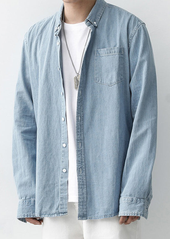 Simple Dark Blue Peter Pan Collar Button Denim Shirts Spring
