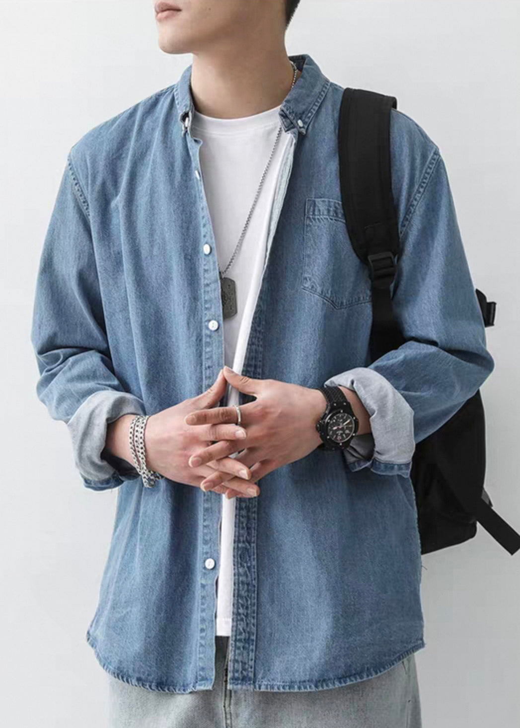 Simple Dark Blue Peter Pan Collar Button Denim Men Shirts Spring