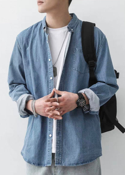 Simple Dark Blue Peter Pan Collar Button Denim Men Shirts Spring