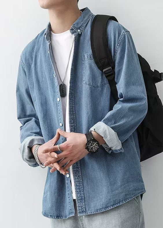 Simple Dark Blue Peter Pan Collar Button Denim Men Shirts Spring