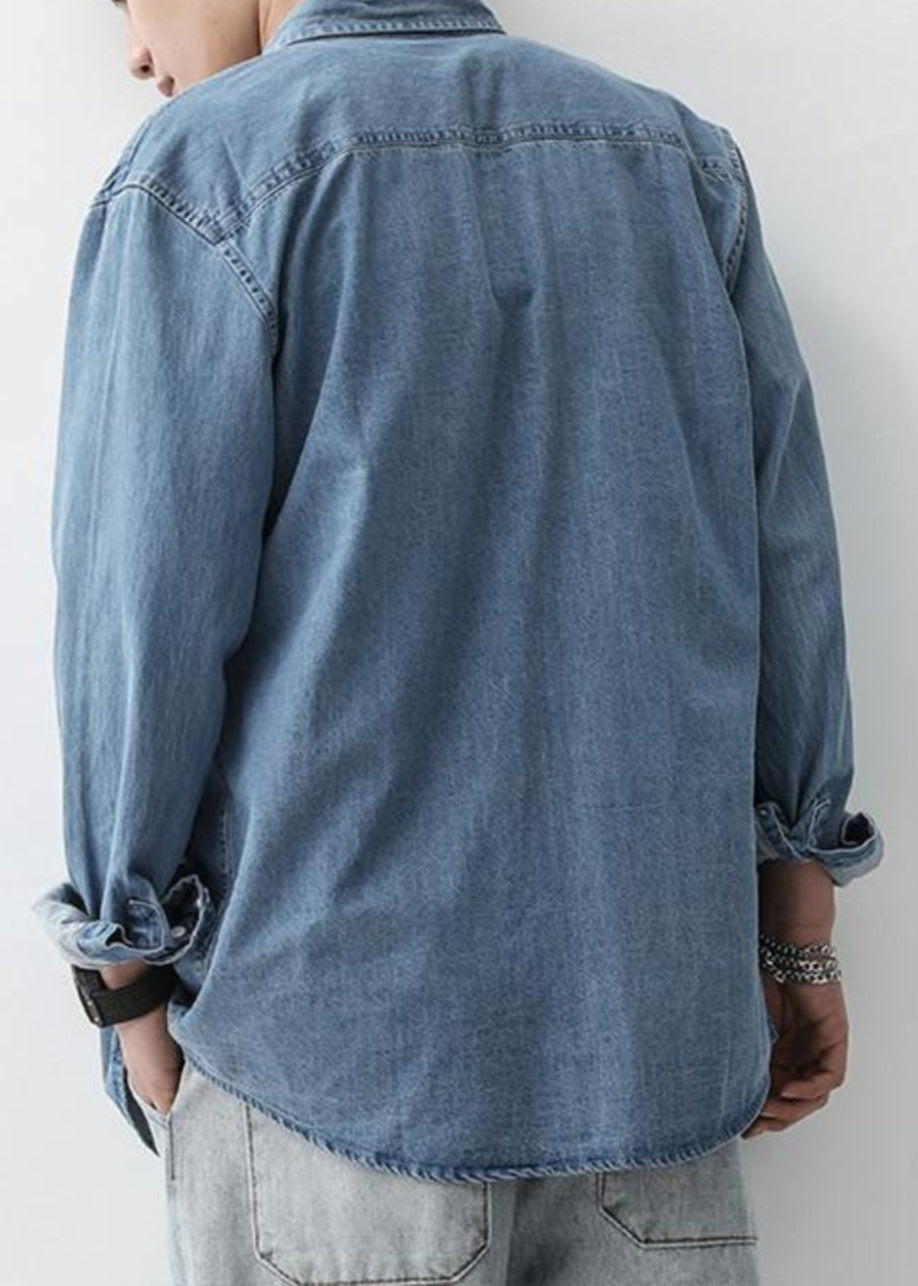 Simple Dark Blue Peter Pan Collar Button Denim Men Shirts Spring