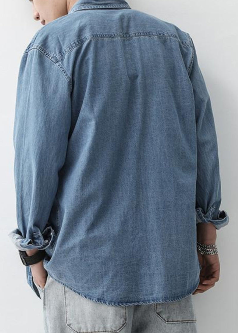 Simple Dark Blue Peter Pan Collar Button Denim Shirts Spring