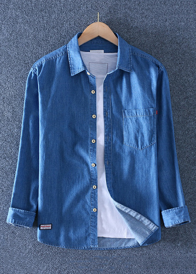 Simple Dark Blue Peter Pan Collar Pockets Denim Shirts Spring