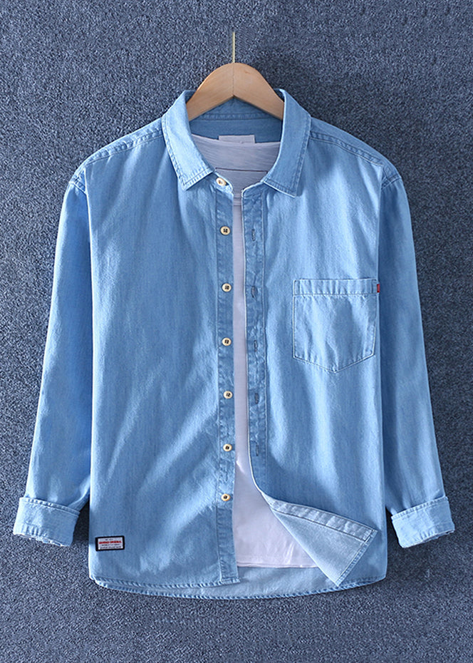 Simple Dark Blue Peter Pan Collar Pockets Solid Denim Men Shirts Spring