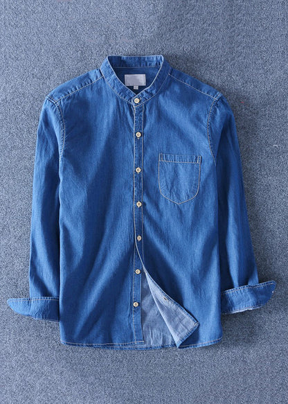 Simple Dark Blue Peter Pan Collar Pockets Solid Denim Men Shirts Spring