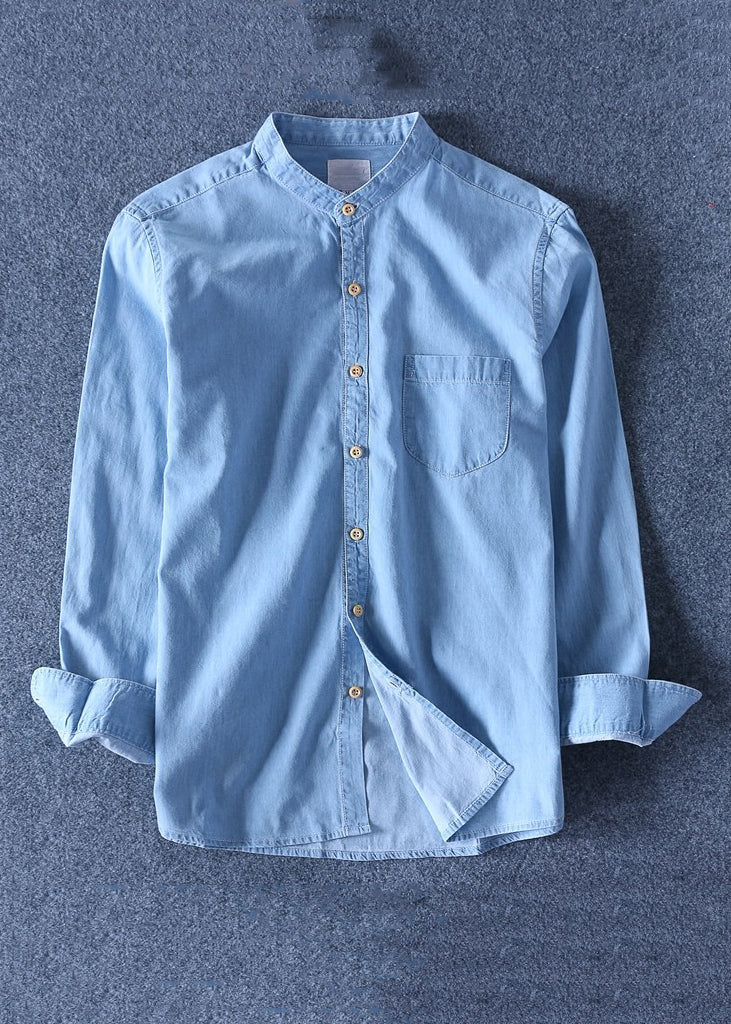 Simple Dark Blue Peter Pan Collar Pockets Solid Denim Men Shirts Spring