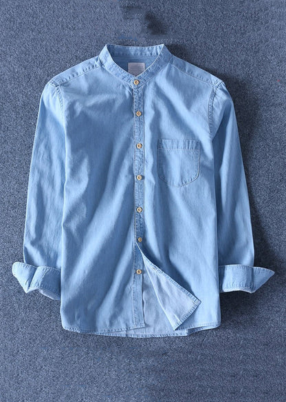 Simple Dark Blue Peter Pan Collar Pockets Solid Denim Men Shirts Spring