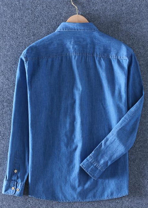 Simple Dark Blue Peter Pan Collar Pockets Denim Shirts Spring