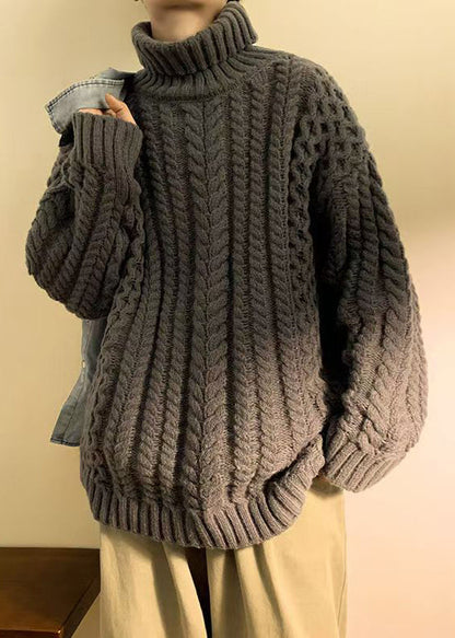Simple Dark Gray Cozy Cotton Cable Knit Sweaters Turtleneck Winter