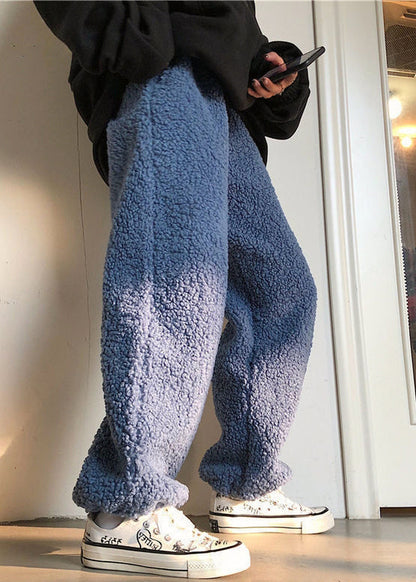 Simple Dark Gray Drawstring Teddy Faux Fur Beam Pants Winter