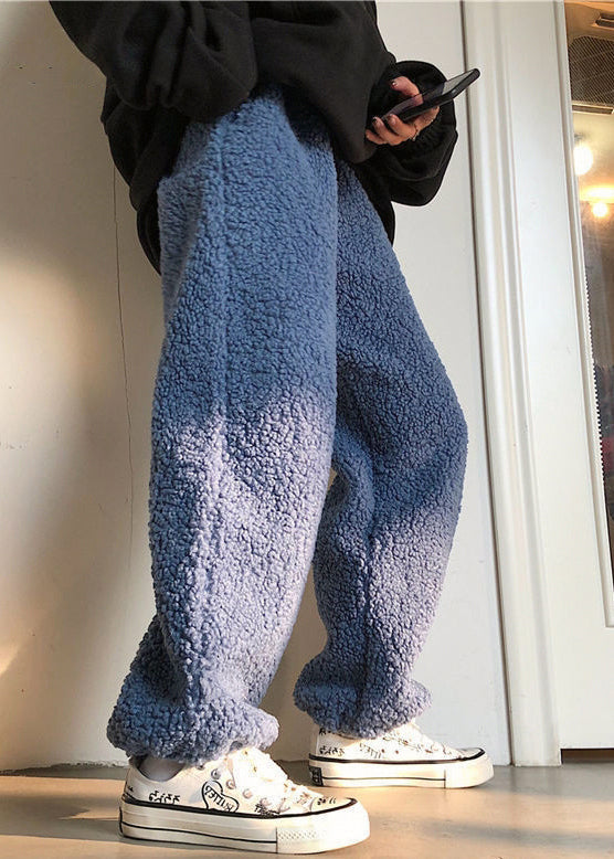 Simple Dark Gray Drawstring Teddy Faux Fur Beam Pants Winter