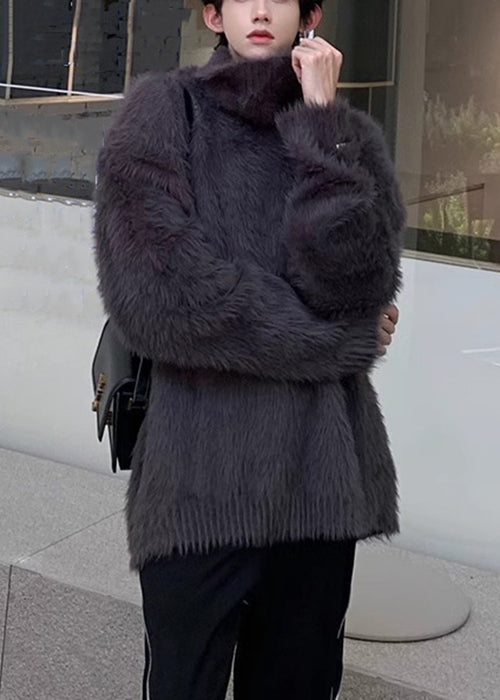 Simple Dark Gray Mink Hair Knitted Sweaters Turtleneck Winter