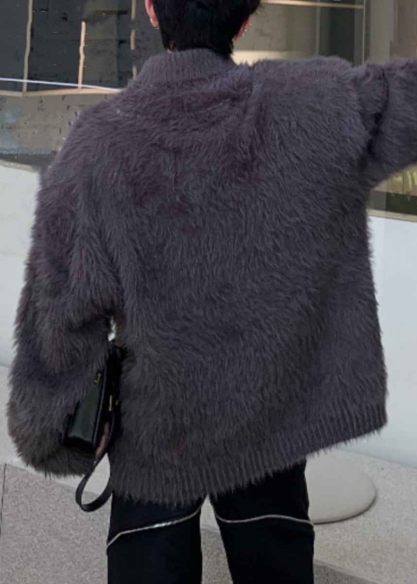 Simple Dark Gray Mink Hair Knitted Sweaters Turtleneck Winter