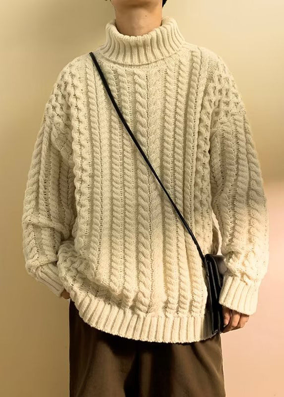 Simple Dark Gray Turtleneck Thick Cable Cotton Knit Sweater Winter