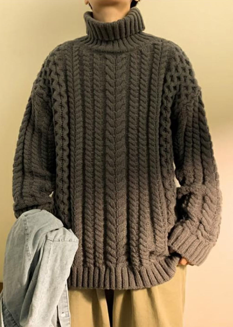 Simple Dark Gray Turtleneck Thick Cable Cotton Knit Sweater Winter