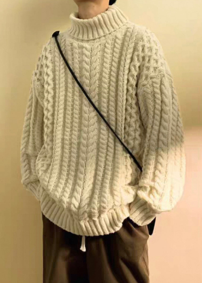 Simple Dark Gray Turtleneck Thick Cable Cotton Knit Sweater Winter