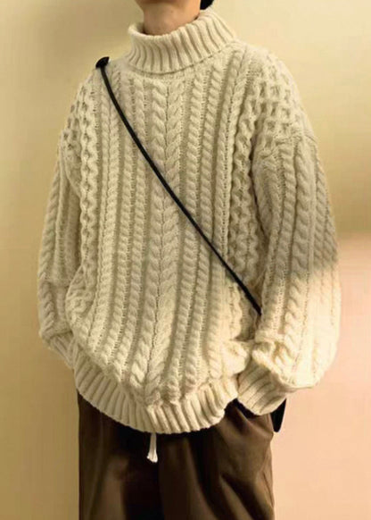 Simple Dark Gray Turtleneck Thick Cable Cotton Knit Sweater Winter