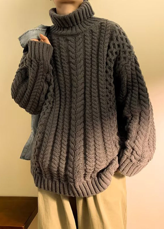 Simple Dark Gray Turtleneck Thick Cable Cotton Knit Sweater Winter