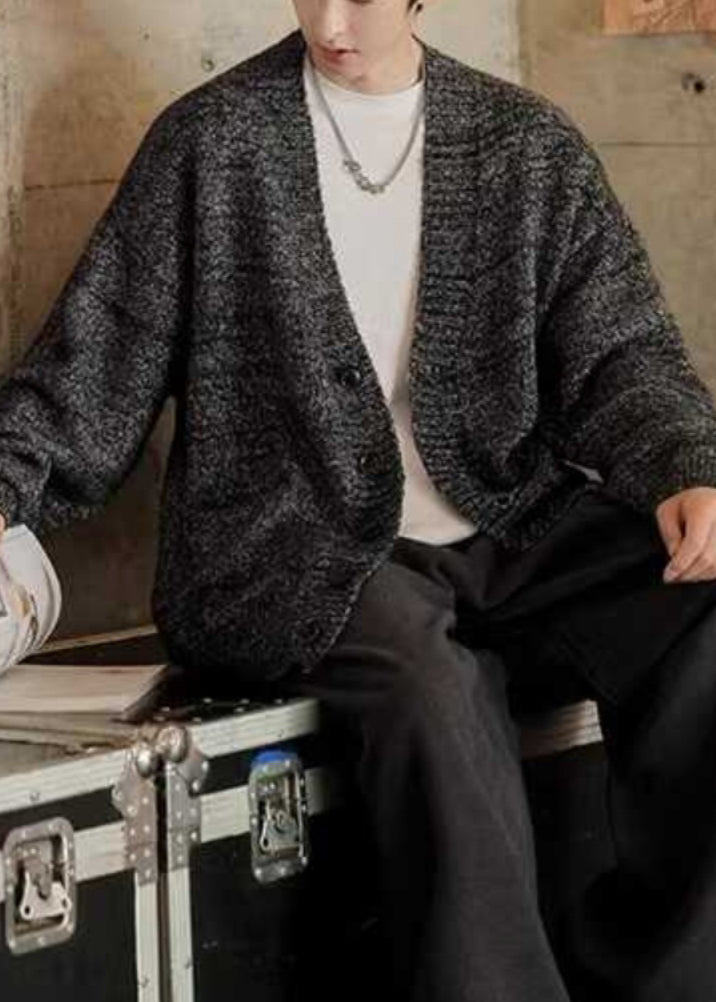 Simple Dark Gray V Neck Pockets Knit Cardigans Spring