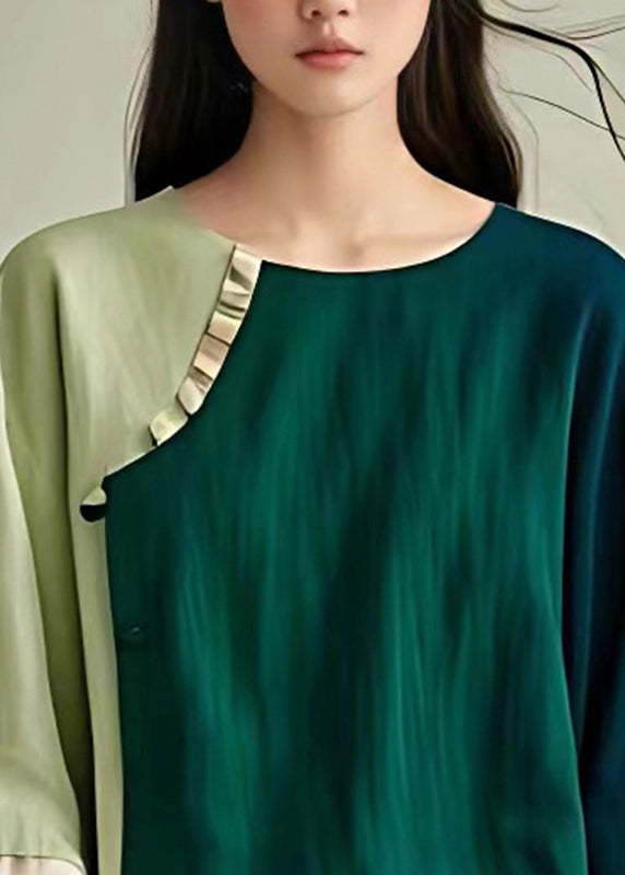Simple Dark Green O-neck Ruffled Patchwork Shirt Fall