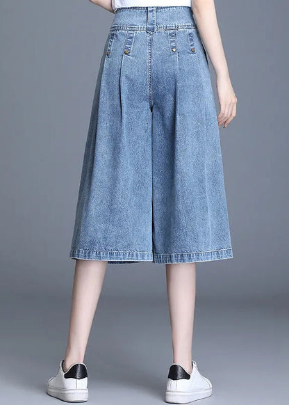 Simple Denim Blue High Waist Wide Leg Crop Pants Trousers Summer