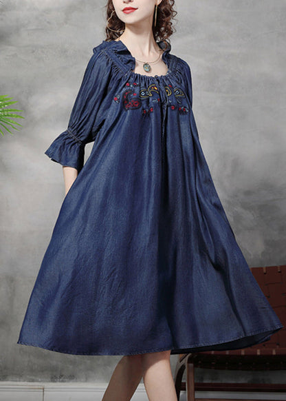 Simple Denim Blue Wrinkled Ruffled Embroideried Cotton Silk Dress Lantern Sleeve