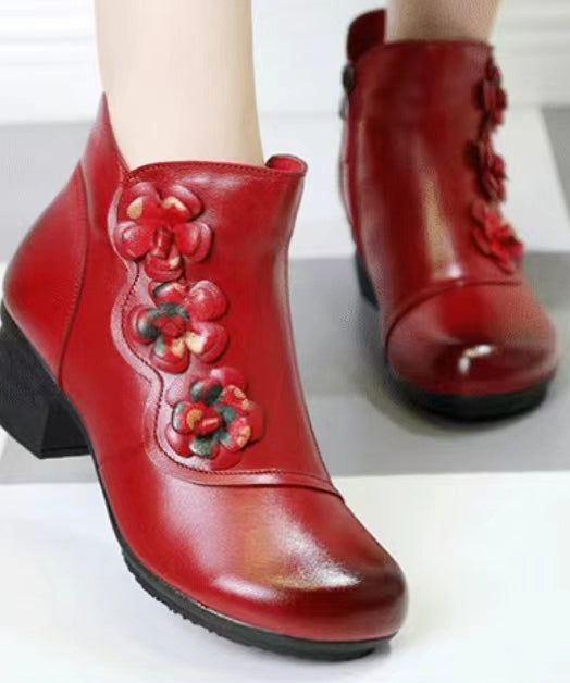 Simple Splicing Cowhide Leather Boots Red Chunky Heel