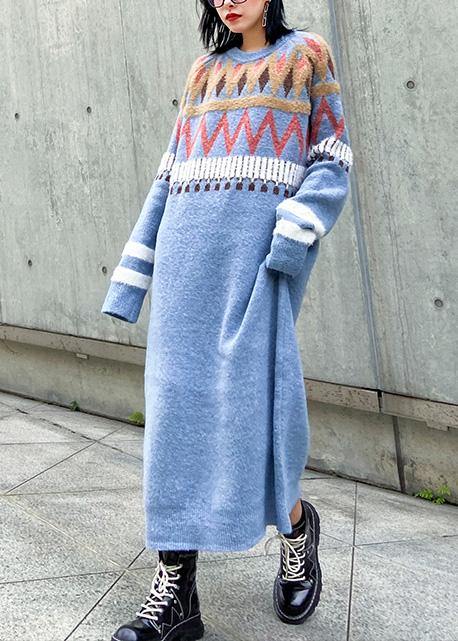Simple Geometric Sweater Winter Dresses Classy Blue O Neck Fuzzy Knit Dresses