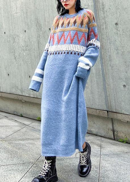 Simple Geometric Sweater Winter Dresses Classy Blue O Neck Fuzzy Knit Dresses