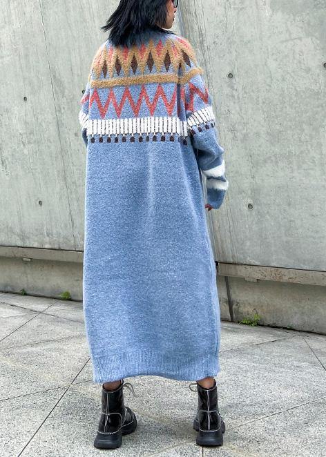 Simple Geometric Sweater Winter Dresses Classy Blue O Neck Fuzzy Knit Dresses