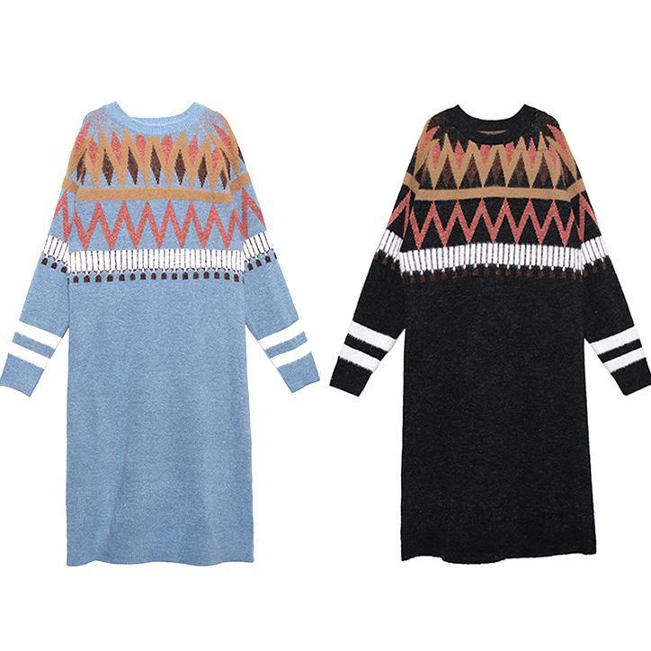 Simple Geometric Sweater Winter Dresses Classy Blue O Neck Fuzzy Knit Dresses