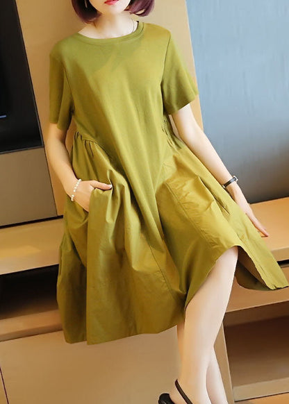 Simple Grass Green O-neck Patchwork Exra Large Hem Cotton Dress Summer