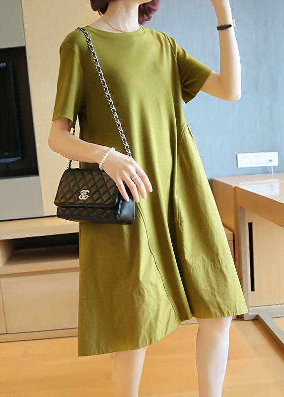 Simple Grass Green O-neck Patchwork Exra Large Hem Cotton Dress Summer