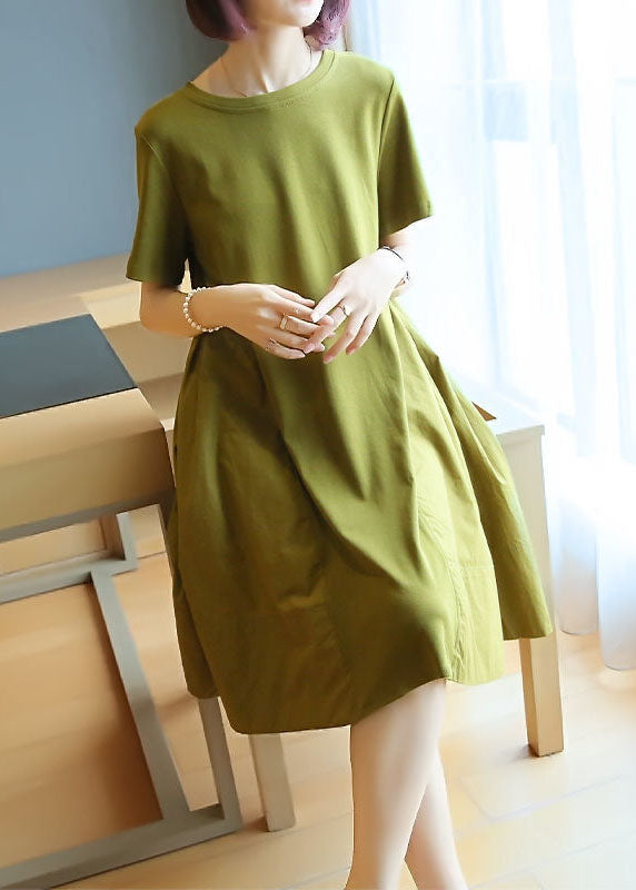 Simple Grass Green O-neck Patchwork Exra Large Hem Cotton Dress Summer